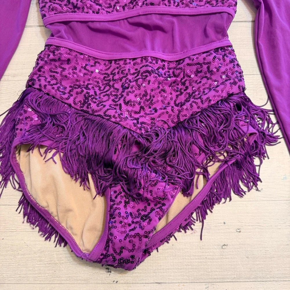 Weismann‎ girls long sleeve dance costume purple sequins tassel medium child